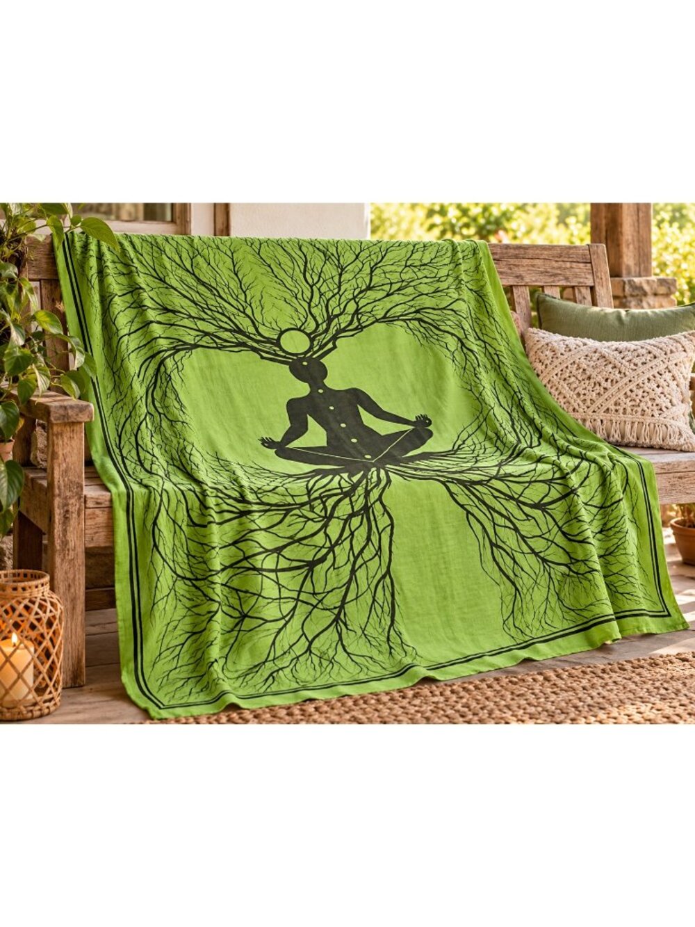 Green Meditation Tree Goddess Cotton Tapestry, 72 x 108 in
